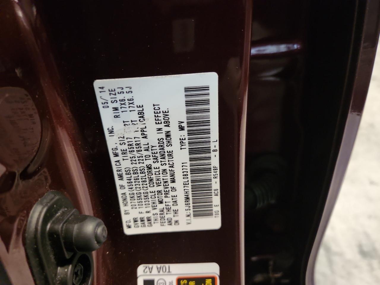 2014 Honda Cr-V Exl VIN: 5J6RM4H77EL083771 Lot: 86881005