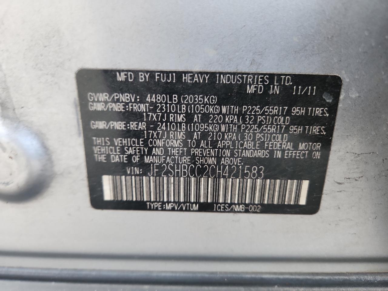 2012 Subaru Forester 2.5X Premium VIN: JF2SHBCC2CH421583 Lot: 85733005