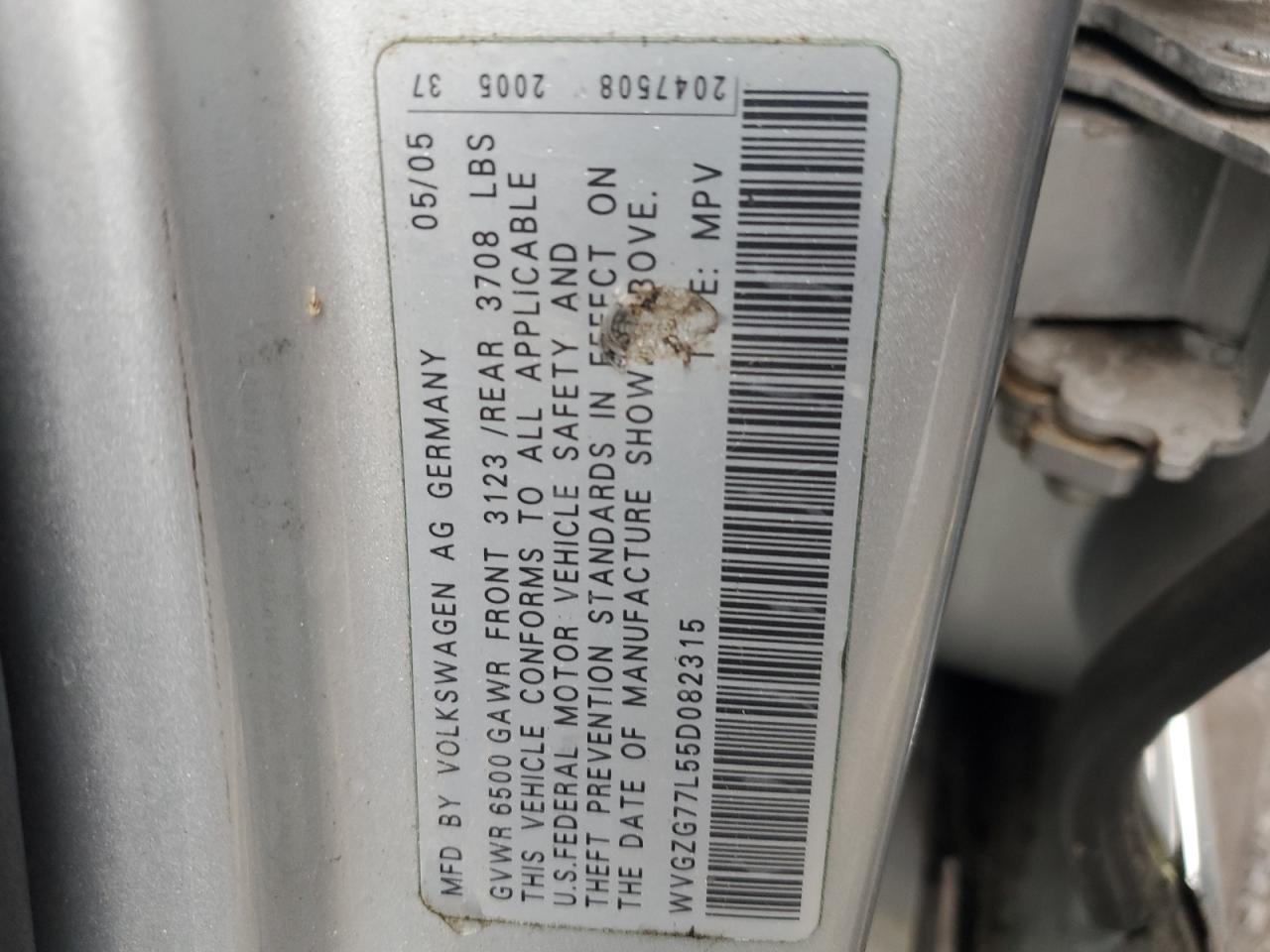 2005 Volkswagen Touareg 3.2 VIN: WVGZG77L55D082315 Lot: 84885295