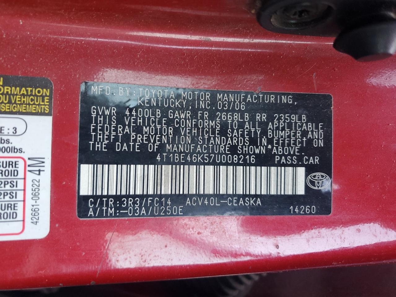 2007 Toyota Camry Ce VIN: 4T1BE46K57U008216 Lot: 85184445