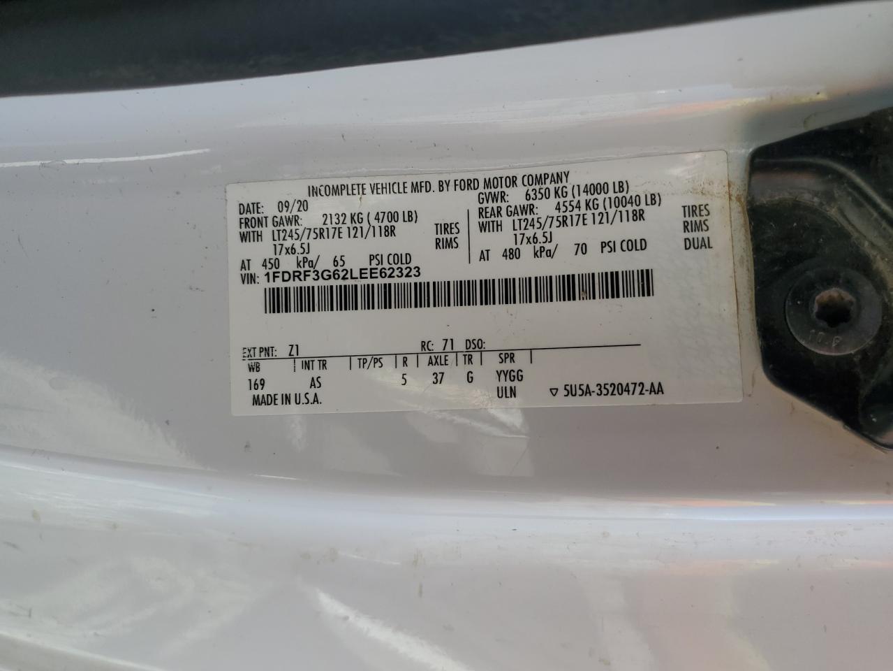 2020 Ford F350 Super Duty VIN: 1FDRF3G62LEE62323 Lot: 85009815