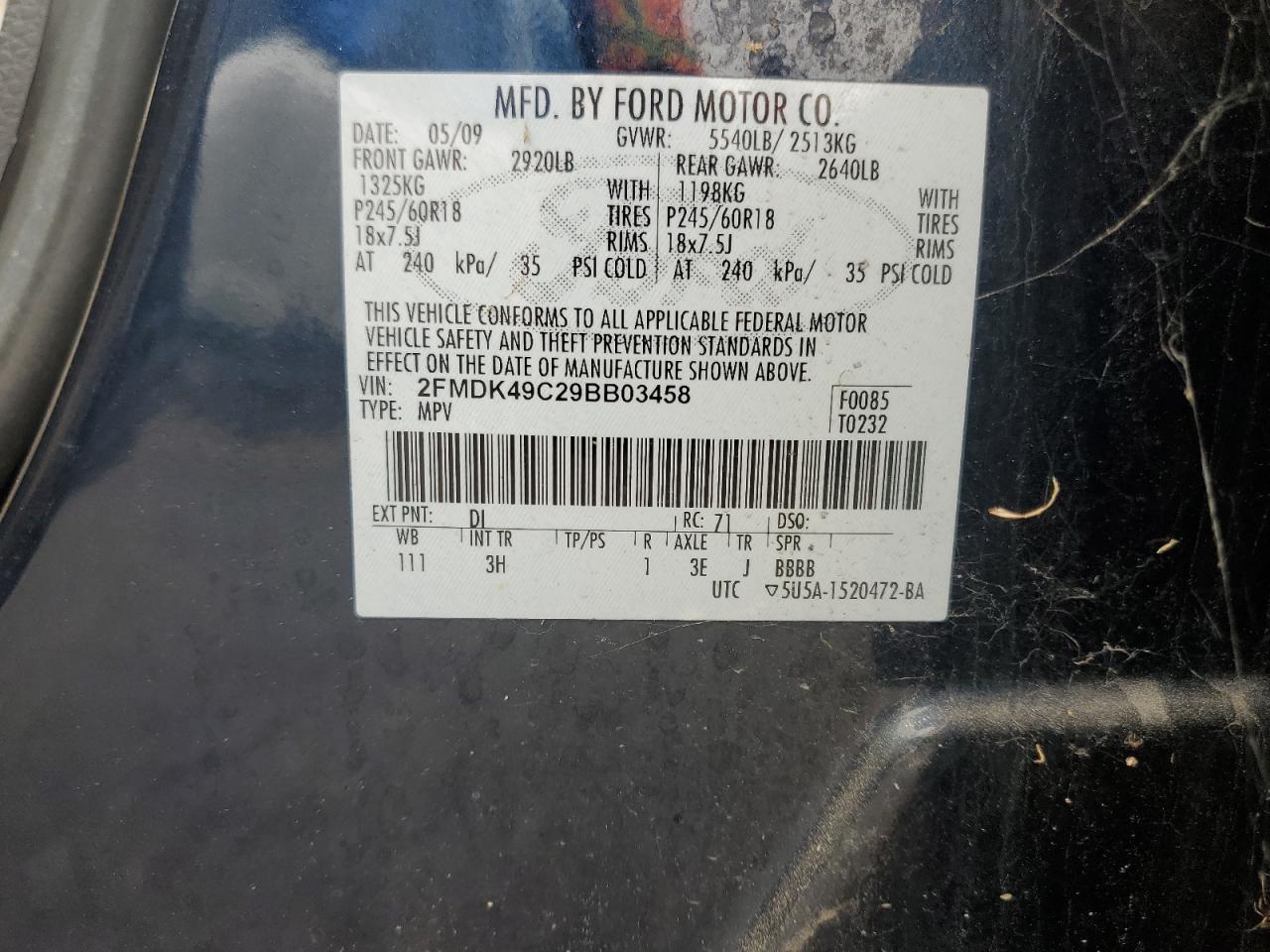 2009 Ford Edge Limited VIN: 2FMDK49C29BB03458 Lot: 86594785