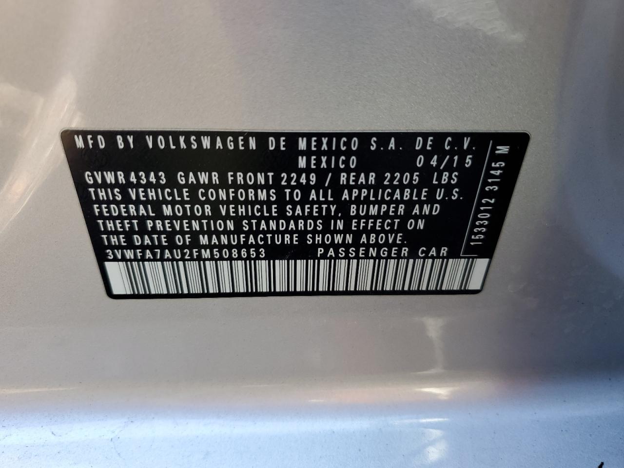 2015 Volkswagen Golf Sportwagen Tdi S VIN: 3VWFA7AU2FM508653 Lot: 87378235