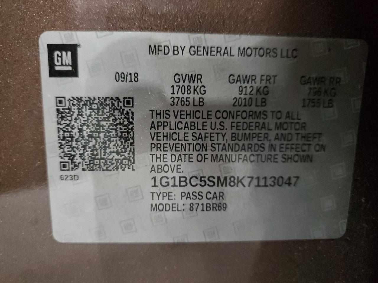 2019 Chevrolet Cruze Ls VIN: 1G1BC5SM8K7113047 Lot: 86178295