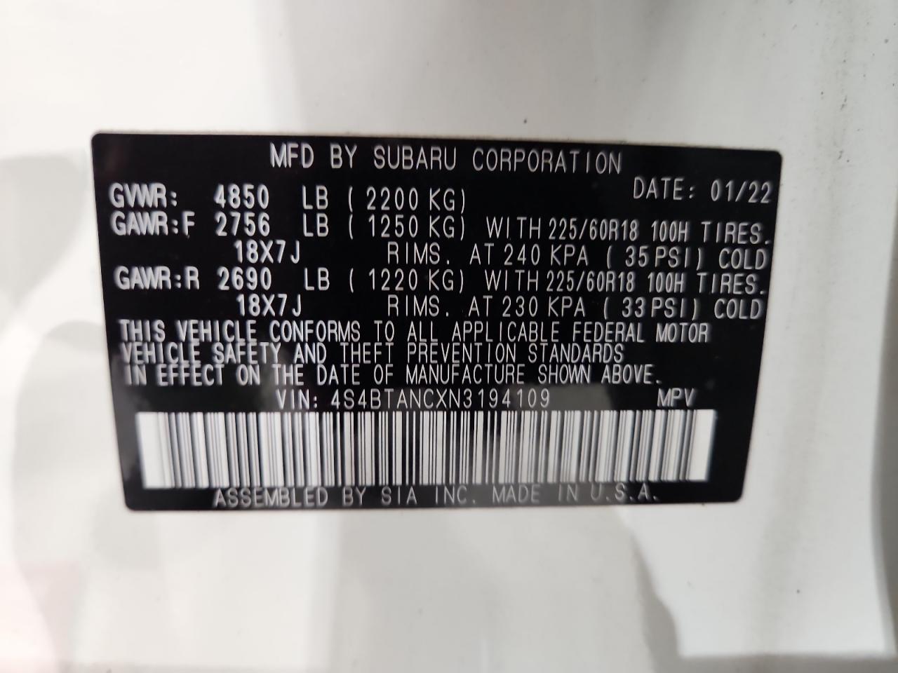 2022 Subaru Outback Limited VIN: 4S4BTANCXN3194109 Lot: 89701415