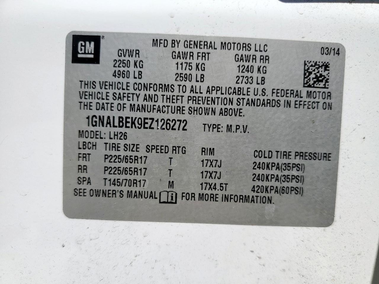 2014 Chevrolet Equinox Lt VIN: 1GNALBEK9EZ126272 Lot: 82291485