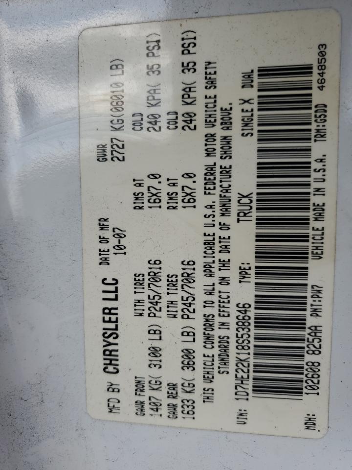 2008 Dodge Dakota St VIN: 1D7HE22K18S538646 Lot: 84573705