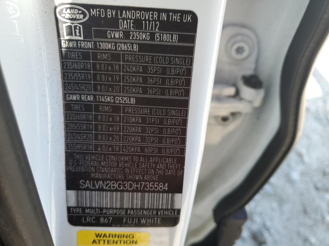 2013 Land Rover Range Rover Evoque Pure VIN: SALVN2BG3DH735584 Lot: 85575135