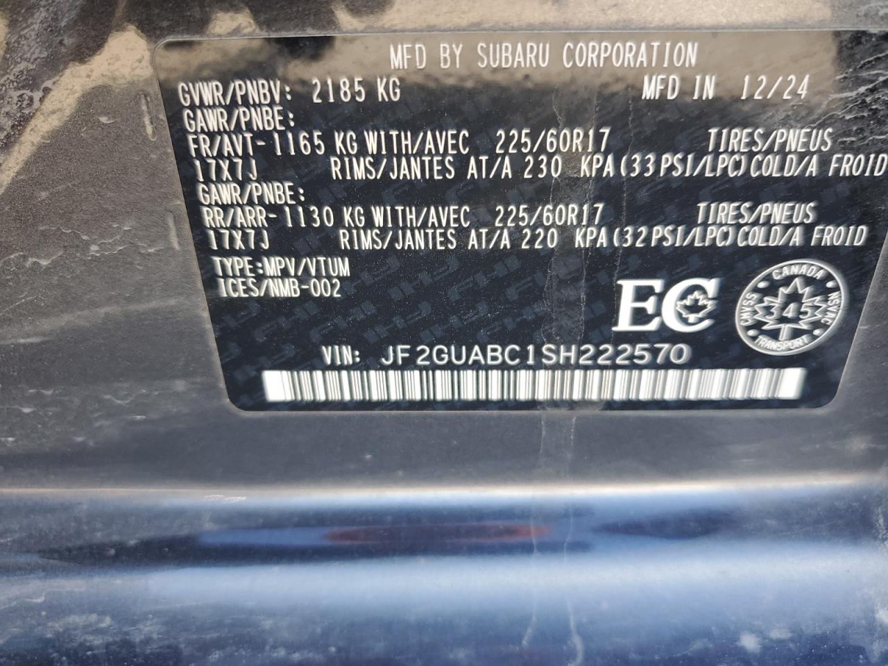 2025 Subaru Crosstrek VIN: JF2GUABC1SH222570 Lot: 85265535