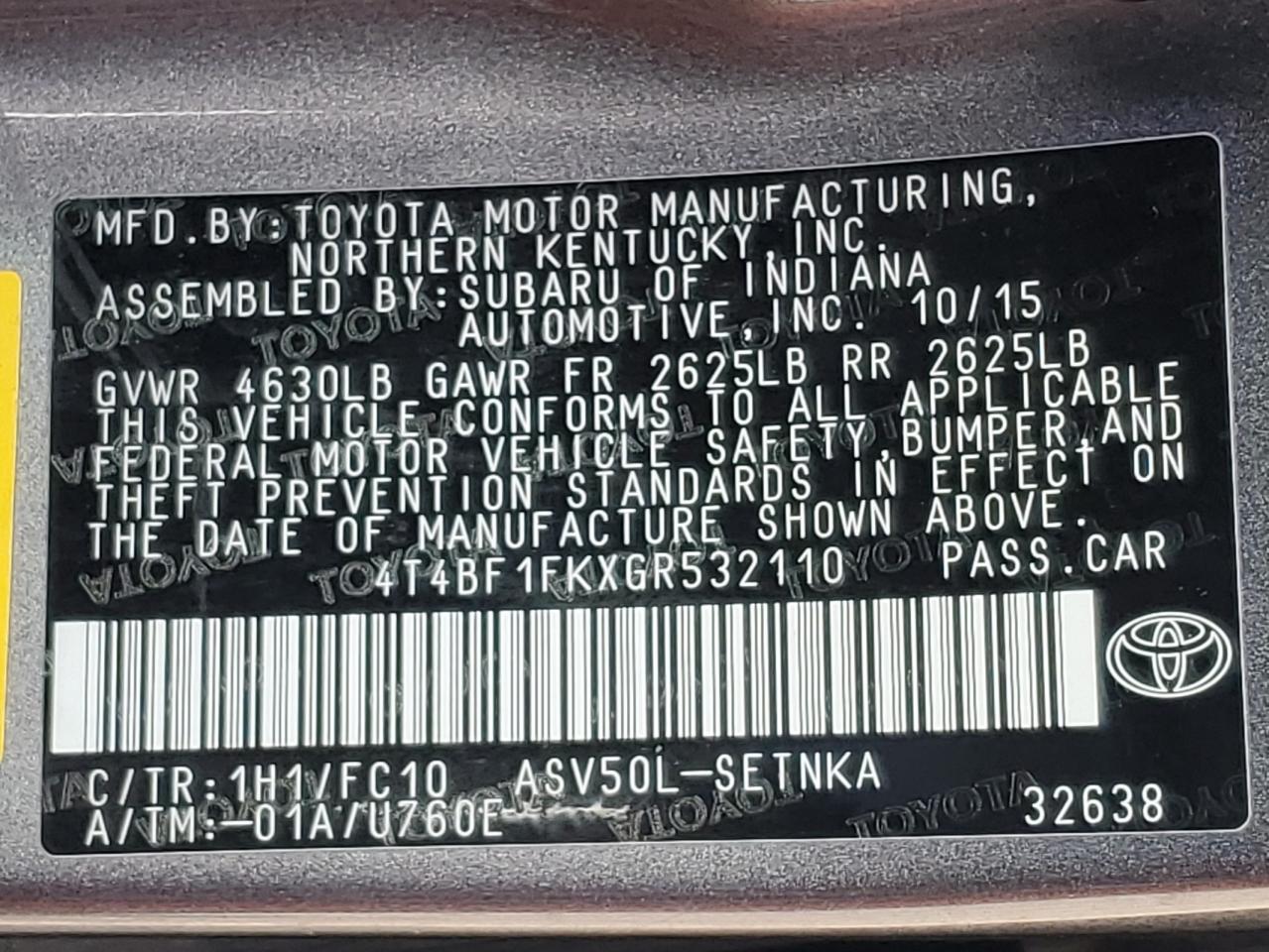 2016 Toyota Camry Le VIN: 4T4BF1FKXGR532110 Lot: 85141795