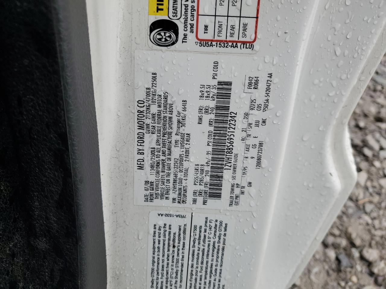 2009 Ford Mustang Shelby Gt500 VIN: 1ZVHT88S695122342 Lot: 90372415