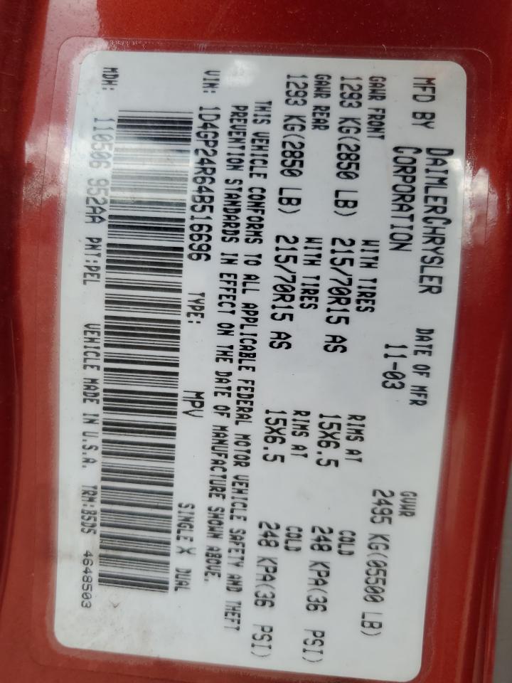 2004 Dodge Grand Caravan Se VIN: 1D4GP24R64B516696 Lot: 85699545