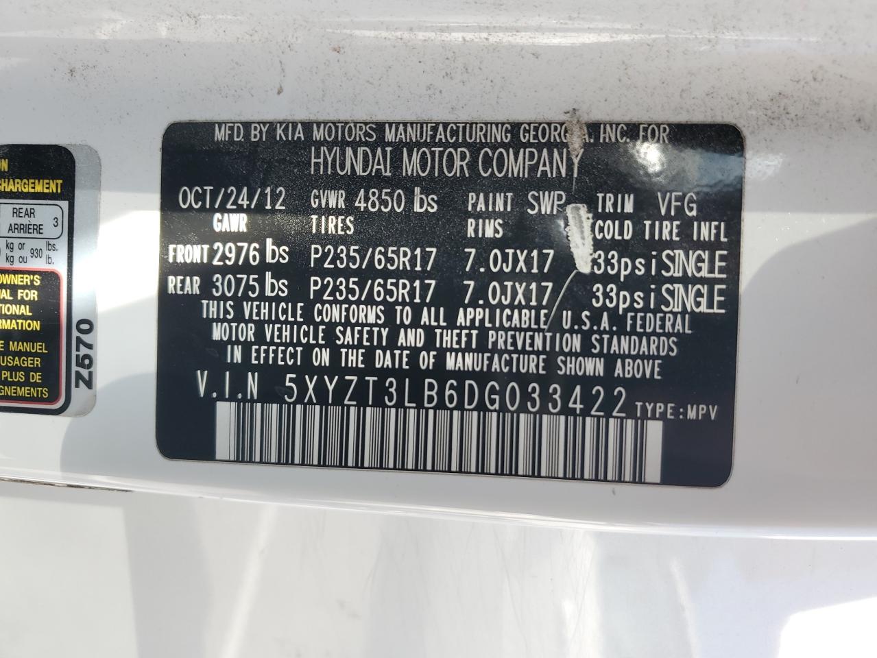 2013 Hyundai Santa Fe Sport VIN: 5XYZT3LB6DG033422 Lot: 82291885