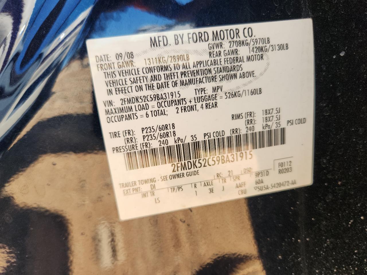 2009 Ford Flex Sel VIN: 2FMDK52C59BA31915 Lot: 84551365