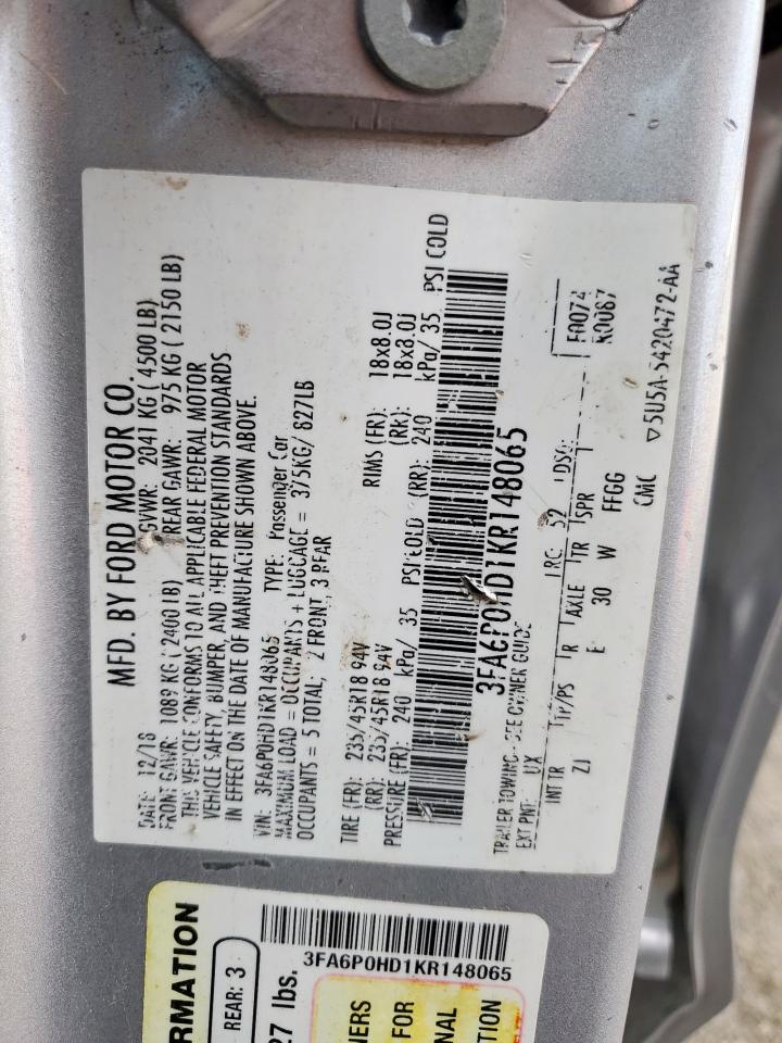 2019 Ford Fusion Se VIN: 3FA6P0HD1KR148065 Lot: 85545035