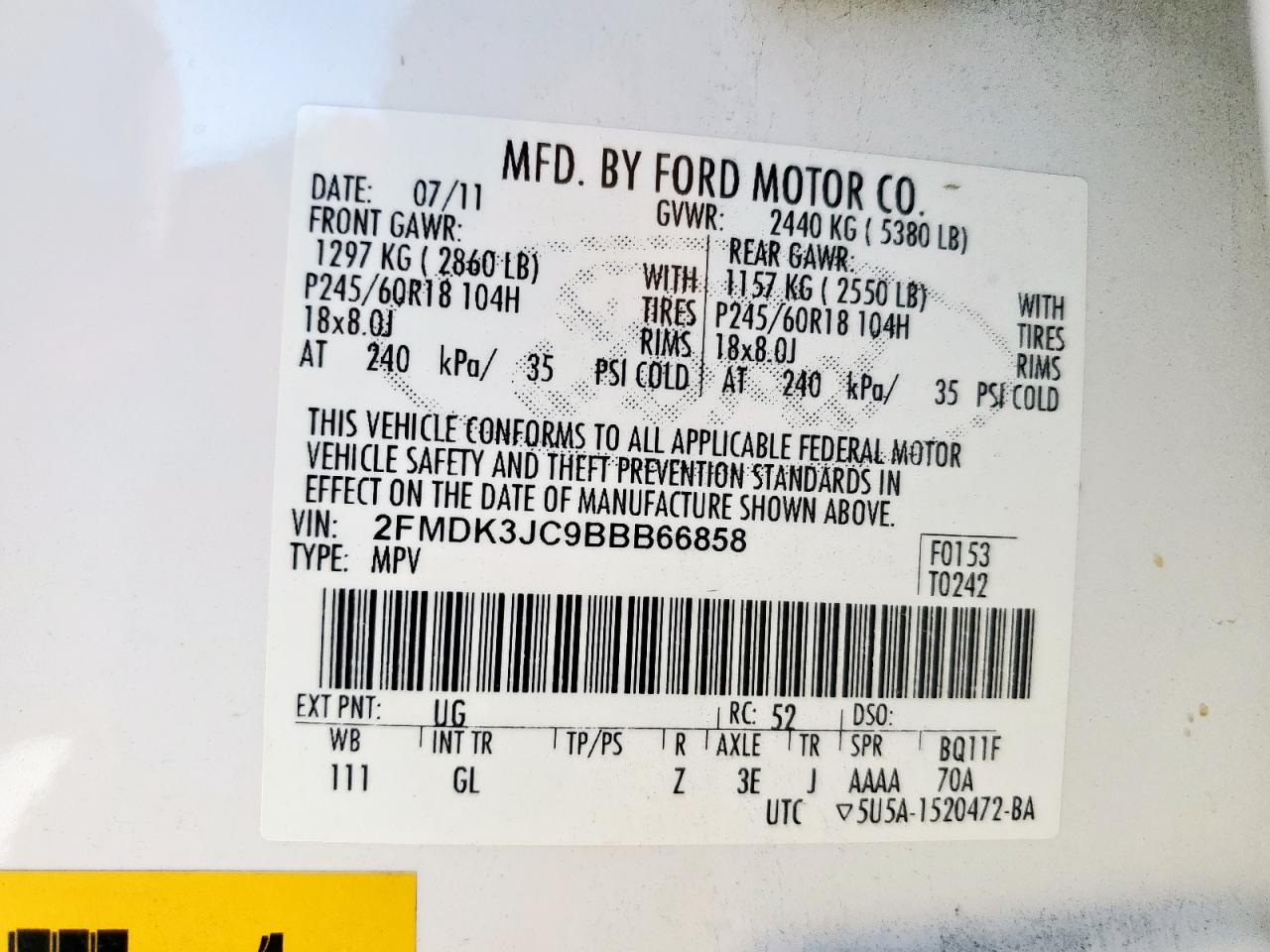 2011 Ford Edge Sel VIN: 2FMDK3JC9BBB66858 Lot: 90965595