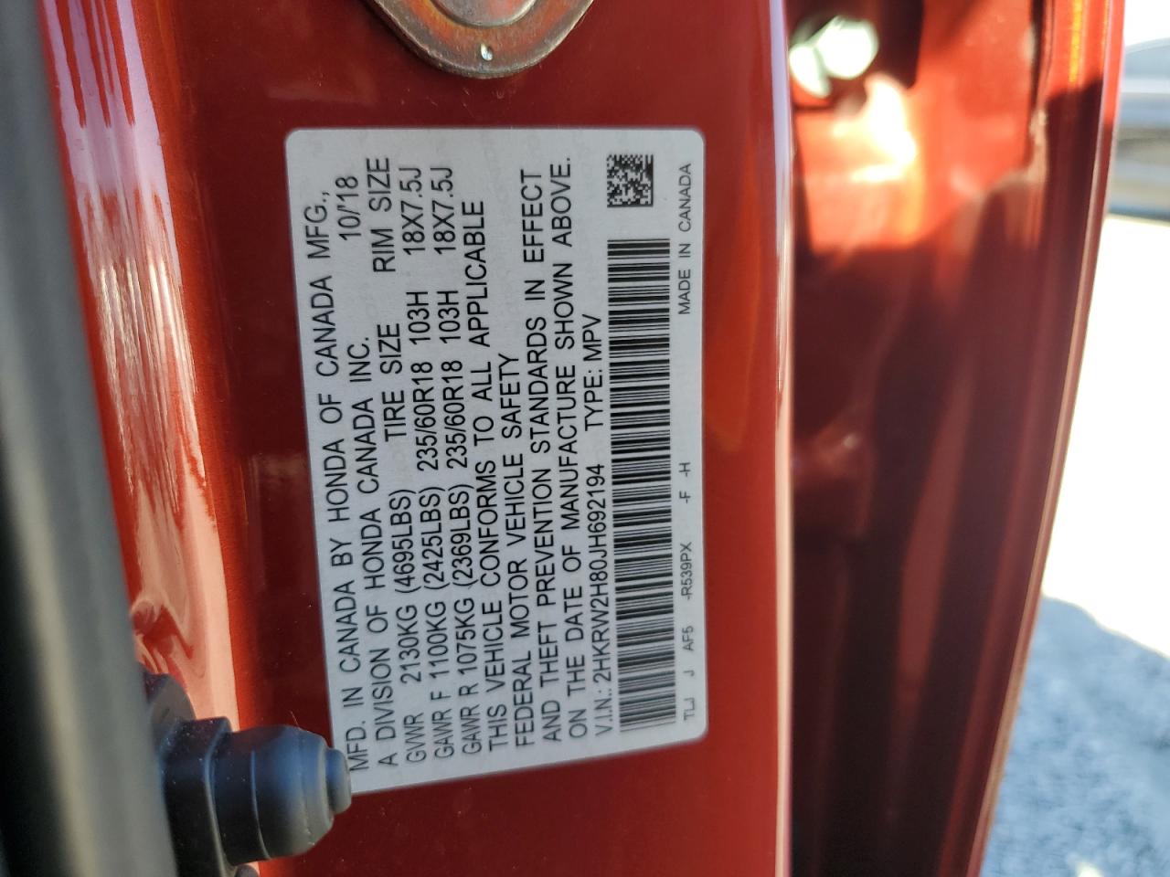 2018 Honda Cr-V Exl VIN: 2HKRW2H80JH692194 Lot: 81985015