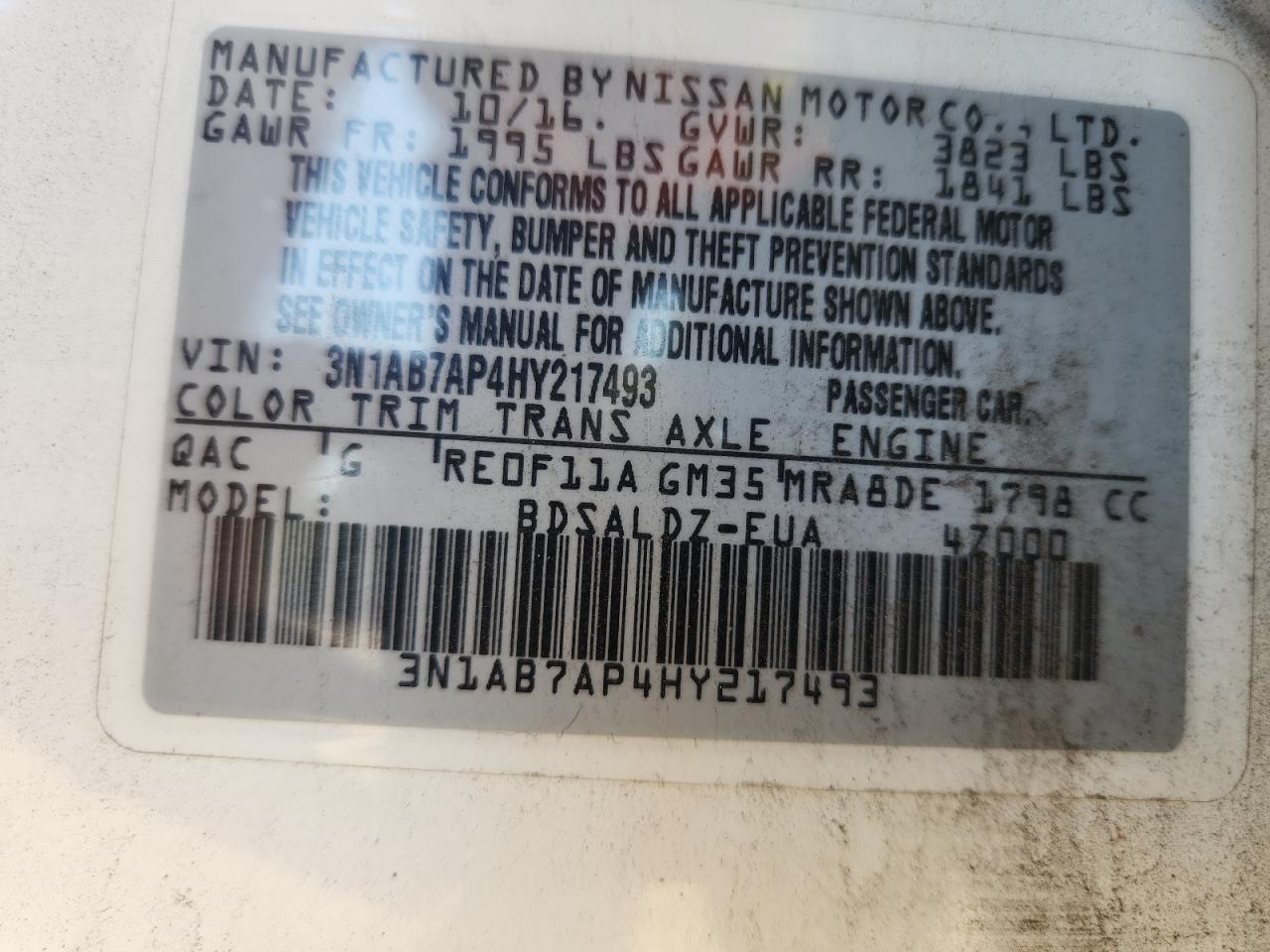 2017 Nissan Sentra S VIN: 3N1AB7AP4HY217493 Lot: 82220015