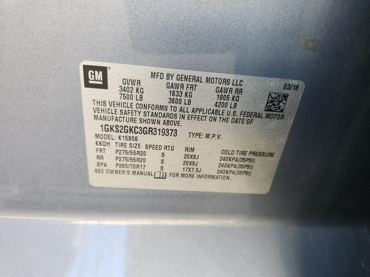 2016 GMC Yukon Xl K1500 Slt VIN: 1GKS2GKC3GR319373 Lot: 82250555