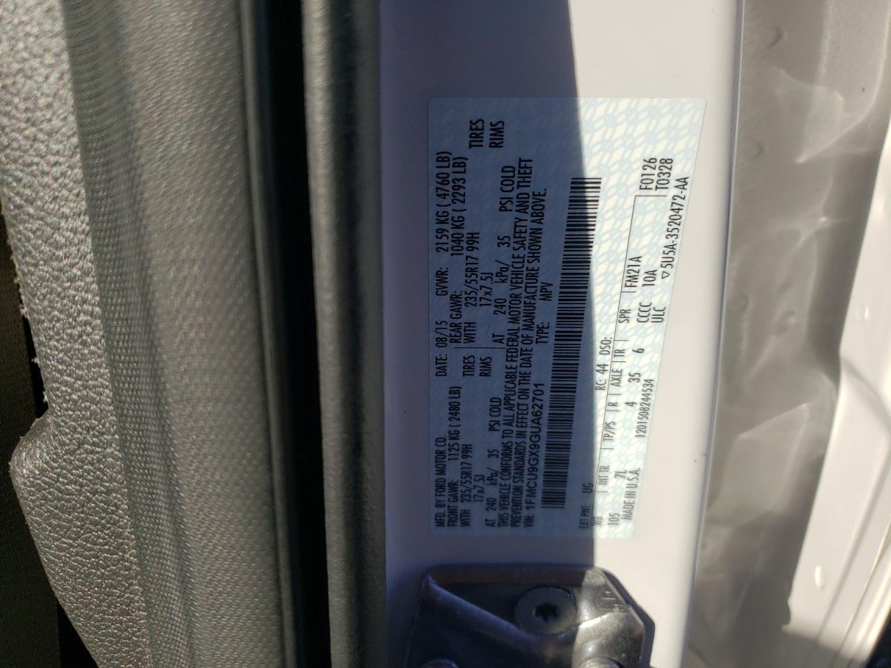 2016 Ford Escape Se VIN: 1FMCU9GX9GUA62701 Lot: 90543665