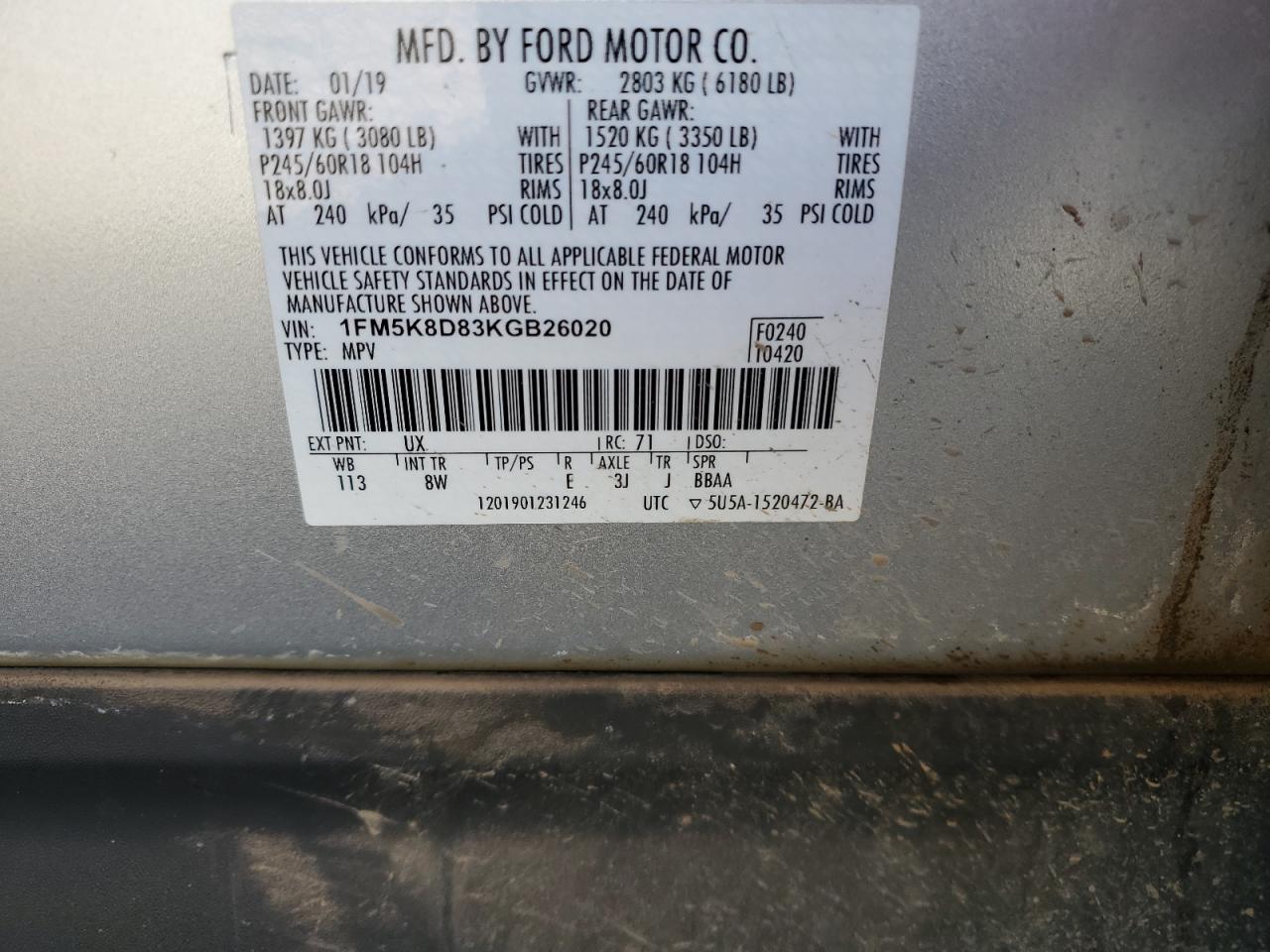 2019 Ford Explorer Xlt VIN: 1FM5K8D83KGB26020 Lot: 84984555