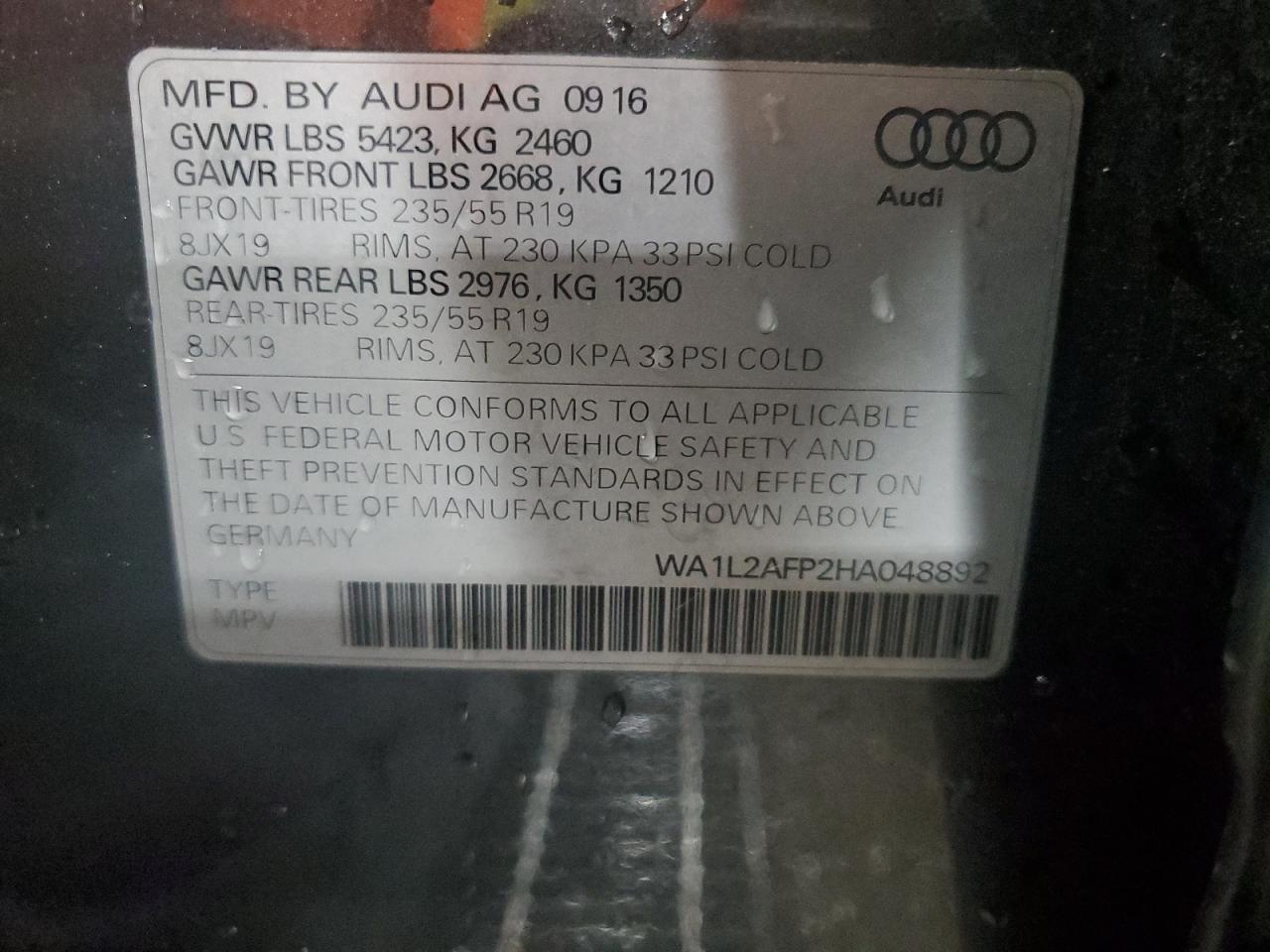 2017 Audi Q5 Premium Plus VIN: WA1L2AFP2HA048892 Lot: 85701455