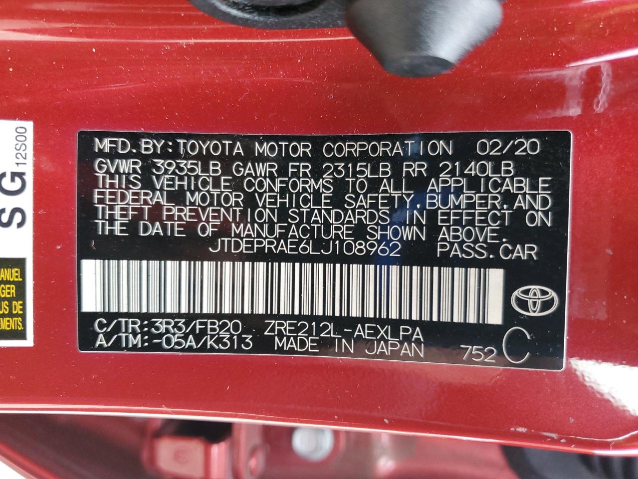 2020 Toyota Corolla Le VIN: JTDEPRAE6LJ108962 Lot: 85483645