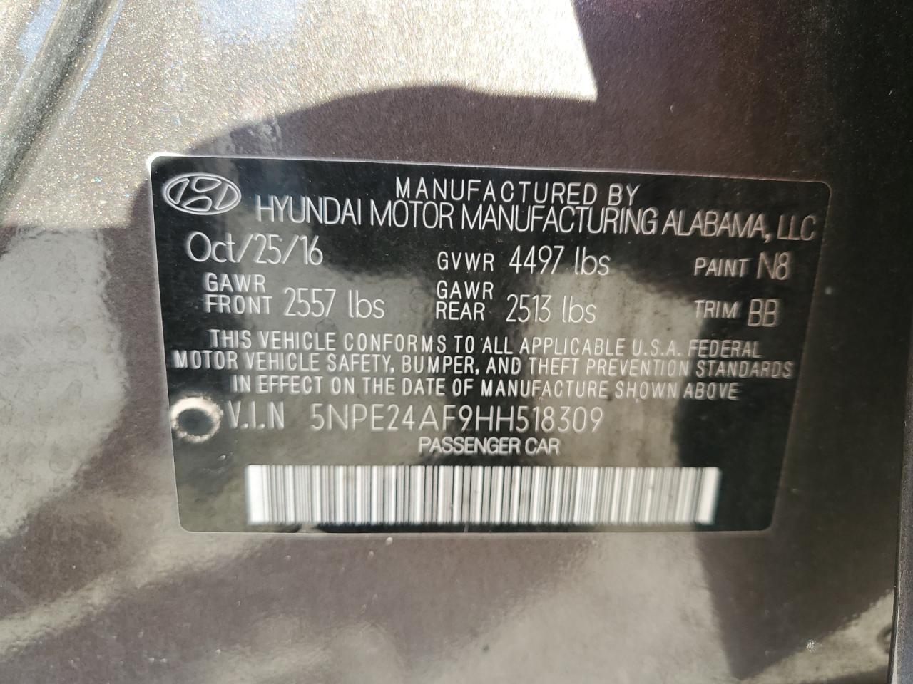 2017 Hyundai Sonata Se VIN: 5NPE24AF9HH518309 Lot: 86249845