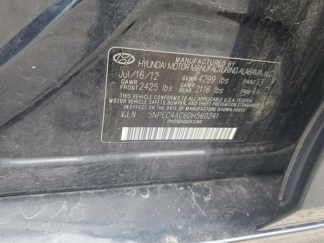 2013 Hyundai Sonata Se VIN: 5NPEC4AC6DH560241 Lot: 86443905