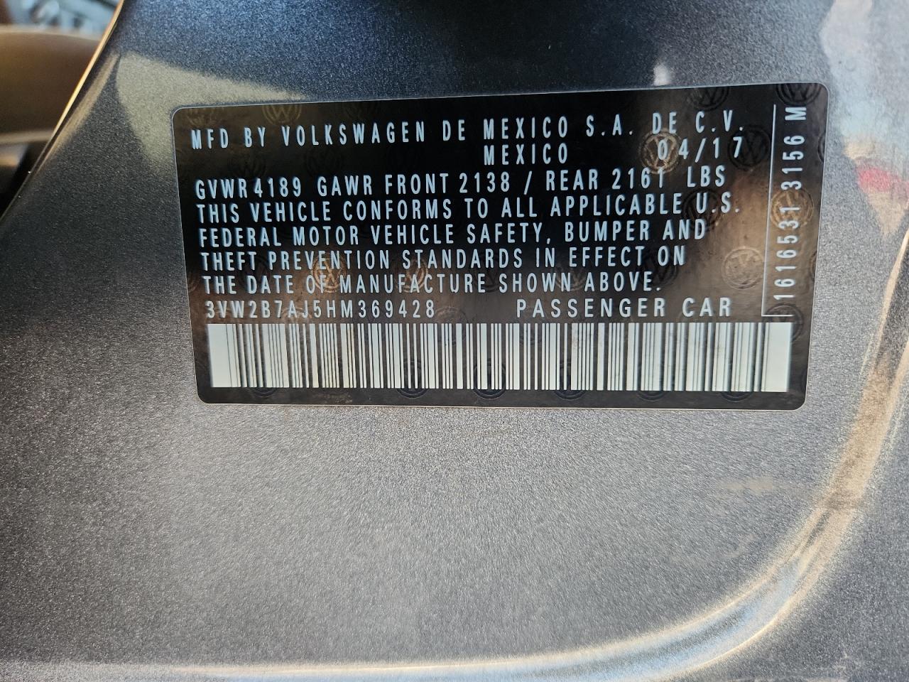 2017 Volkswagen Jetta S VIN: 3VW2B7AJ5HM369428 Lot: 84779245