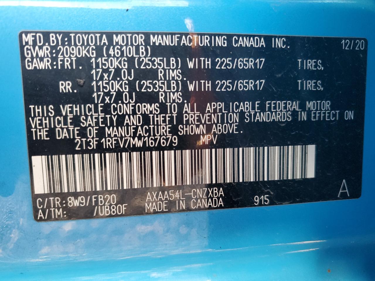 2021 Toyota Rav4 Le VIN: 2T3F1RFV7MW167679 Lot: 86458135