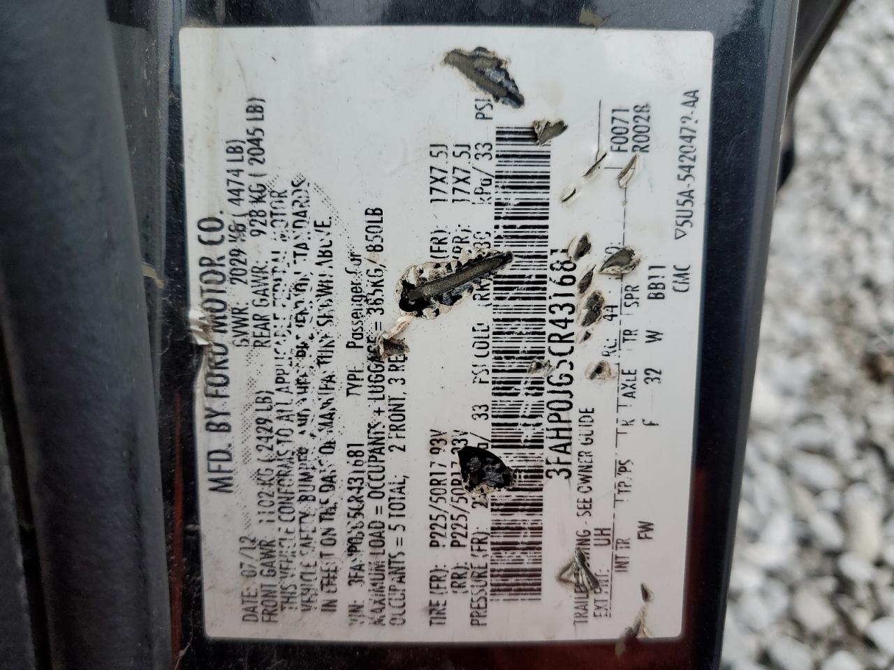 2012 Ford Fusion Sel VIN: 3FAHP0JG5CR431681 Lot: 82706455