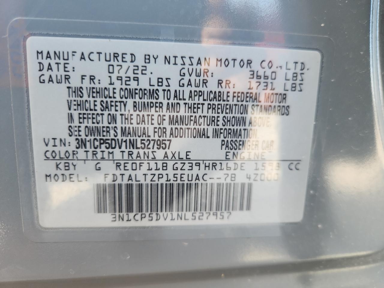 2022 Nissan Kicks Sr VIN: 3N1CP5DV1NL527957 Lot: 90245535