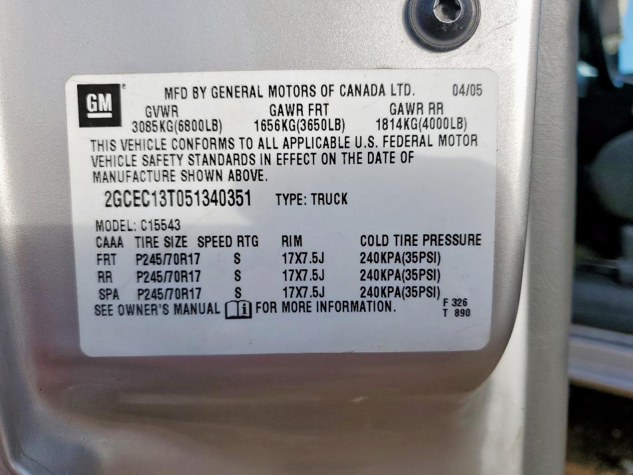 2005 Chevrolet Silverado C1500 VIN: 2GCEC13T051340351 Lot: 85701255