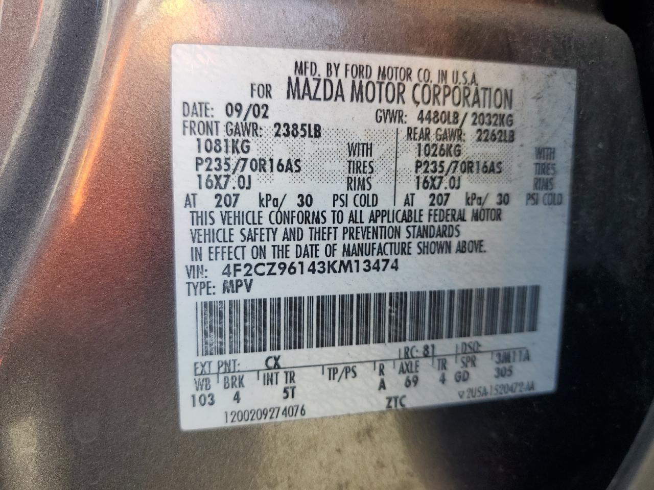 2003 Mazda Tribute Es VIN: 4F2CZ96143KM13474 Lot: 90539455