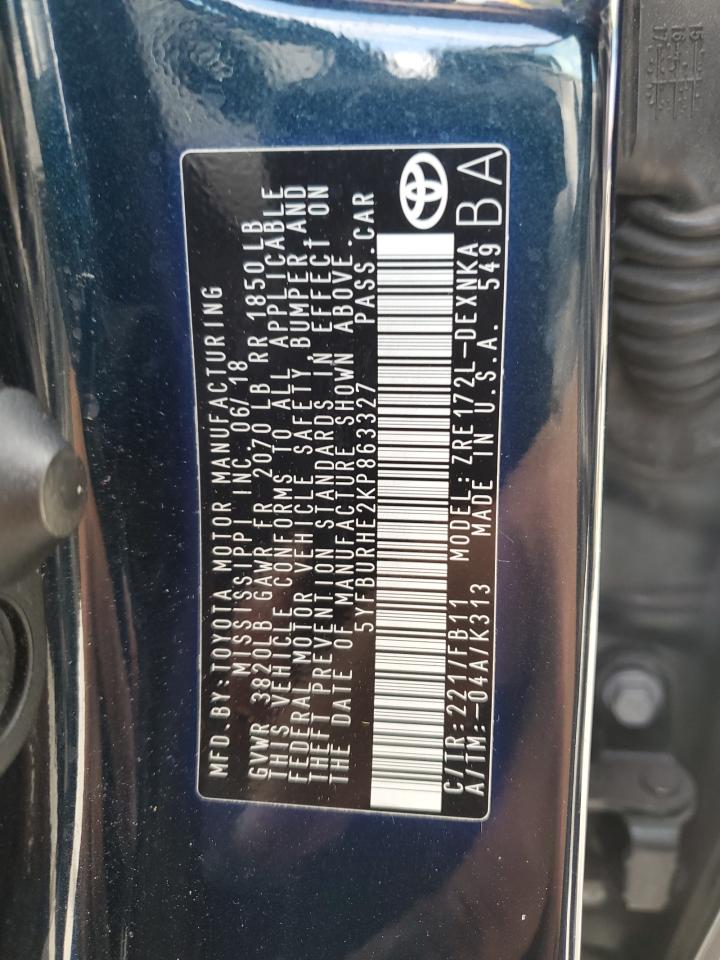 2019 Toyota Corolla L VIN: 5YFBURHE2KP863327 Lot: 85327545