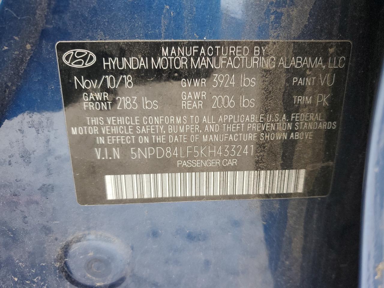 2019 Hyundai Elantra Sel VIN: 5NPD84LF5KH433241 Lot: 90451395