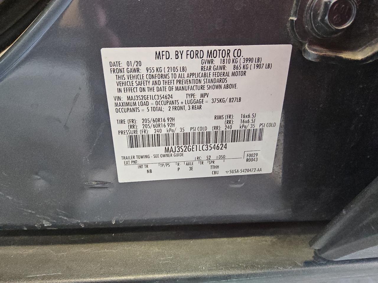 2020 Ford Ecosport Se VIN: MAJ3S2GE1LC354624 Lot: 87119615