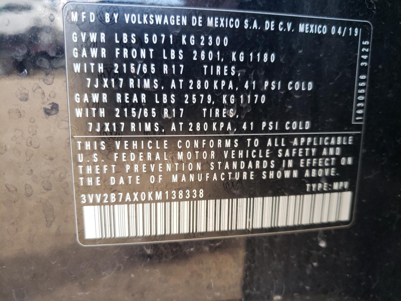 2019 Volkswagen Tiguan Se VIN: 3VV2B7AX0KM138338 Lot: 87483245