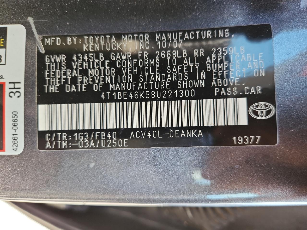 2008 Toyota Camry Ce VIN: 4T1BE46K58U221300 Lot: 82595625