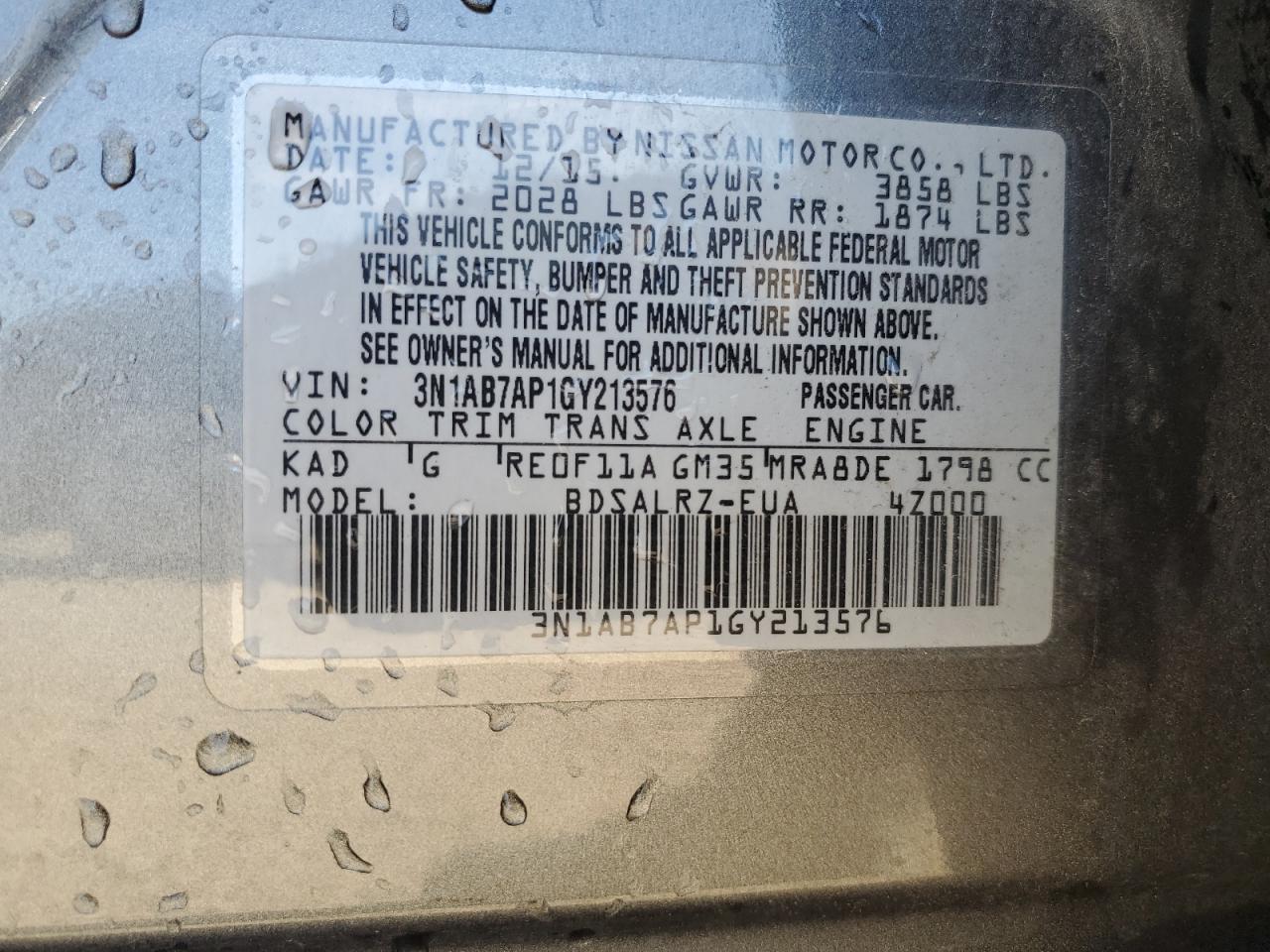 2016 Nissan Sentra S VIN: 3N1AB7AP1GY213576 Lot: 85173505