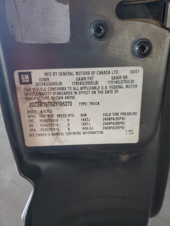 2002 Chevrolet Silverado K1500 VIN: 2GCEK19T621106270 Lot: 82539325