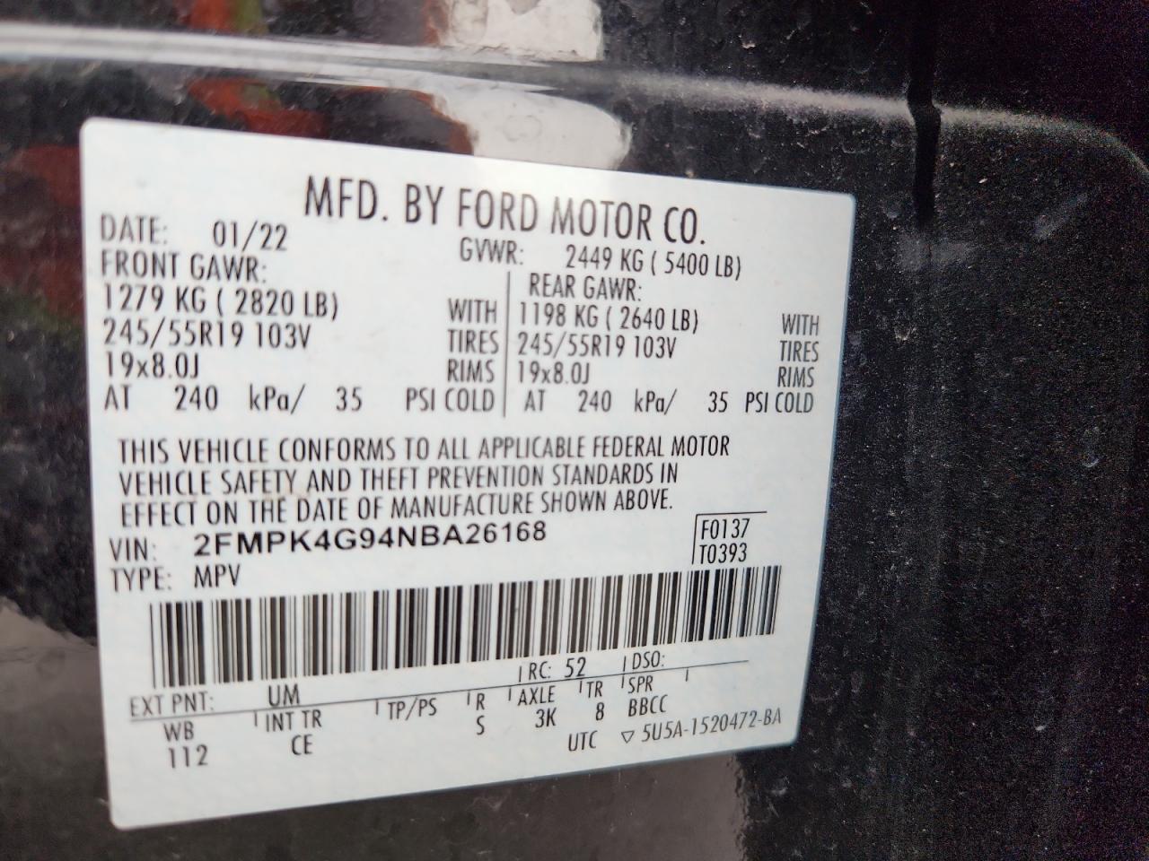 2022 Ford Edge Se VIN: 2FMPK4G94NBA26168 Lot: 87414235