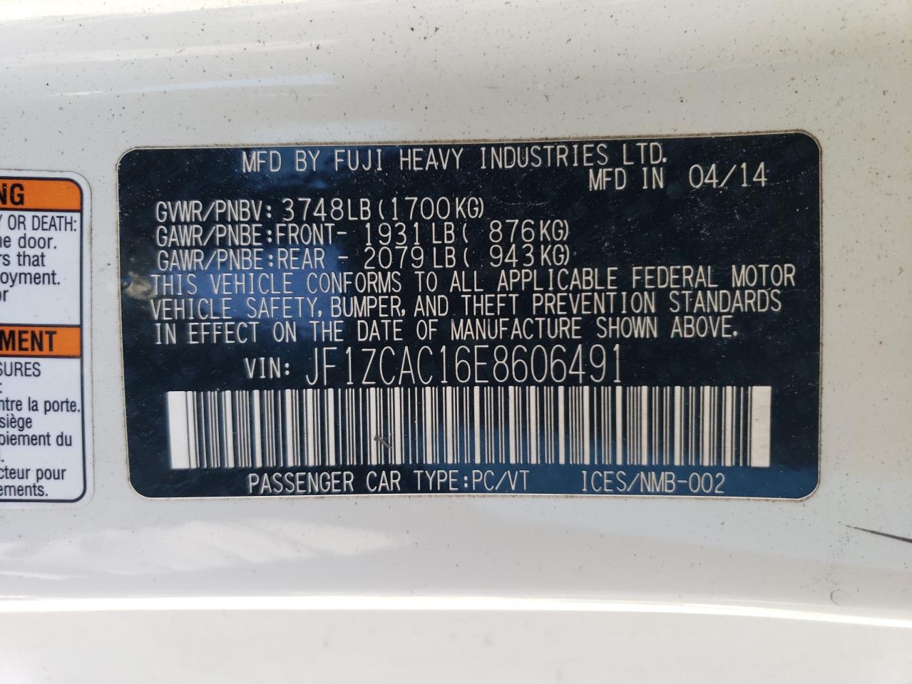 2014 Subaru Brz 2.0 Limited VIN: JF1ZCAC16E8606491 Lot: 84963465