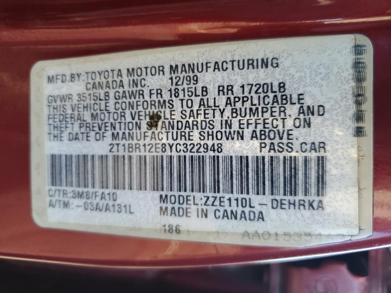 2000 Toyota Corolla Ve VIN: 2T1BR12E8YC322948 Lot: 85647095