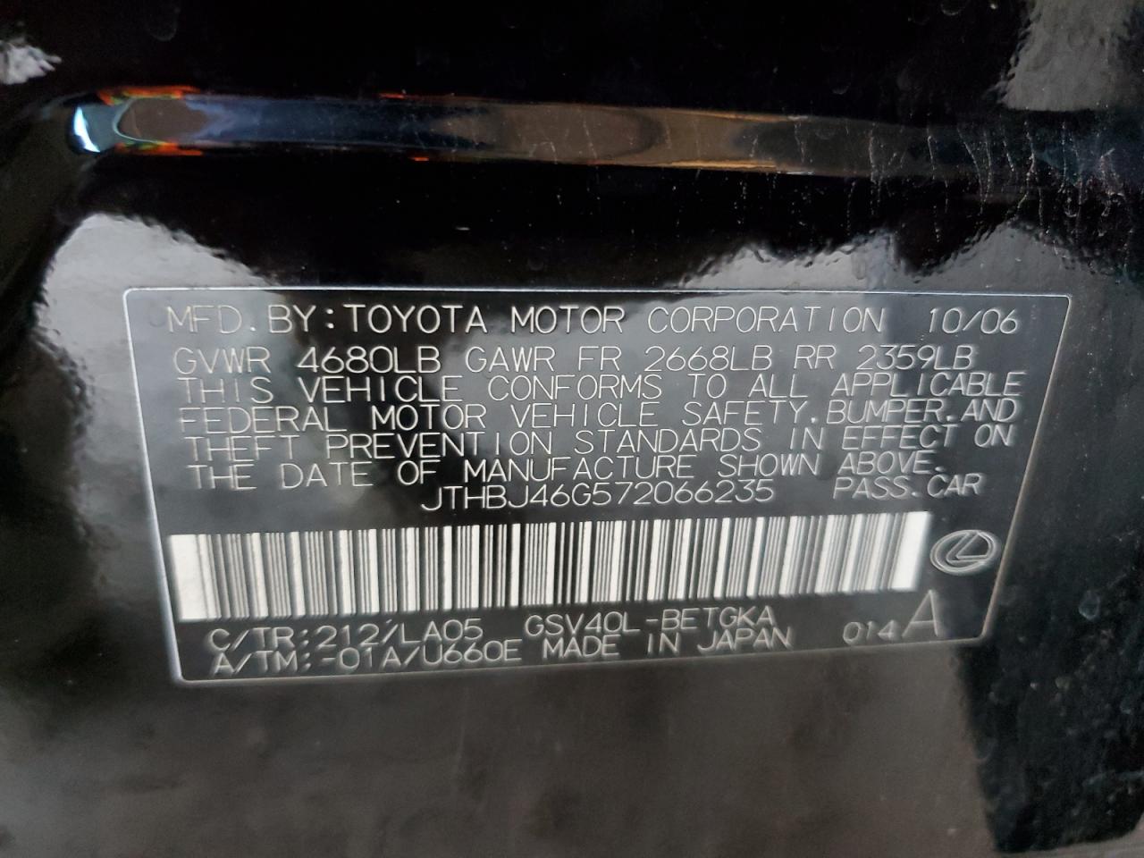 2007 Lexus Es 350 VIN: JTHBJ46G572066235 Lot: 84765465