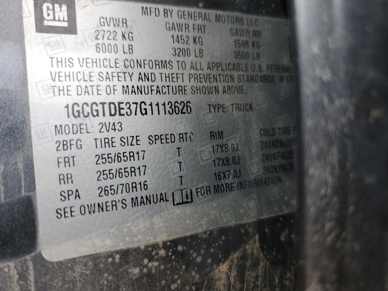 2016 Chevrolet Colorado Z71 VIN: 1GCGTDE37G1113626 Lot: 82284375