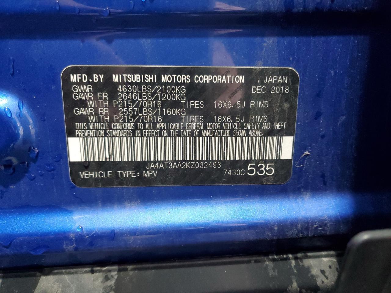 2019 Mitsubishi Eclipse Cross Es VIN: JA4AT3AA2KZ032493 Lot: 89855515