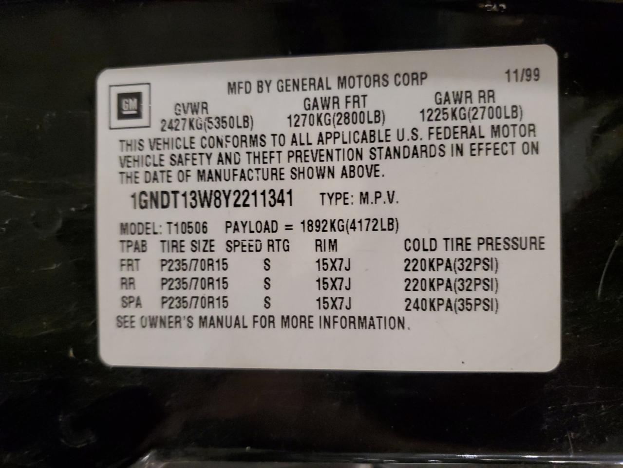 2000 Chevrolet Blazer VIN: 1GNDT13W8Y2211341 Lot: 85575815