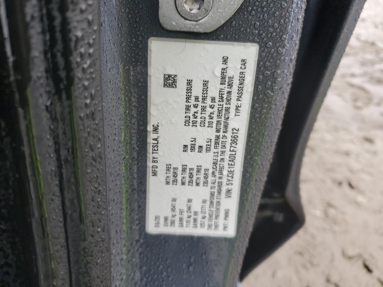 2020 Tesla Model 3 VIN: 5YJ3E1EA0LF736612 Lot: 85076995